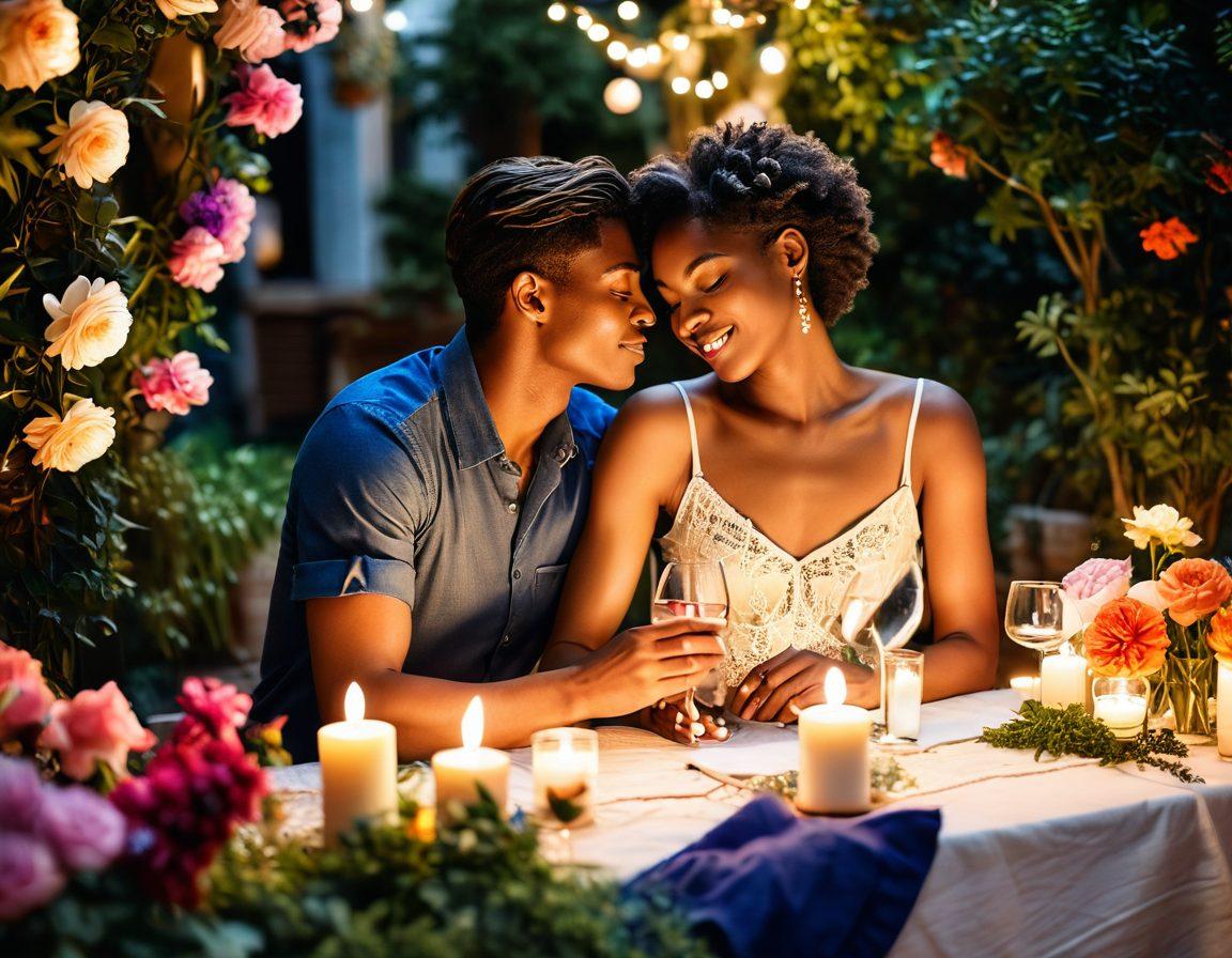 A vibrant and cozy setting symbolizing queer love, featuring a couple embracing passionately in a lush garden filled with colorful flowers and soft fairy lights. Surround them with elements of intimacy such as wine glasses, candles, and soft textiles, creating a warm atmosphere. Include diverse representation in their appearances, showcasing various identities within the queer community. Emphasize sensuality through soft lighting and a gentle color palette. 3D rendering. vibrant colors. soft focus.