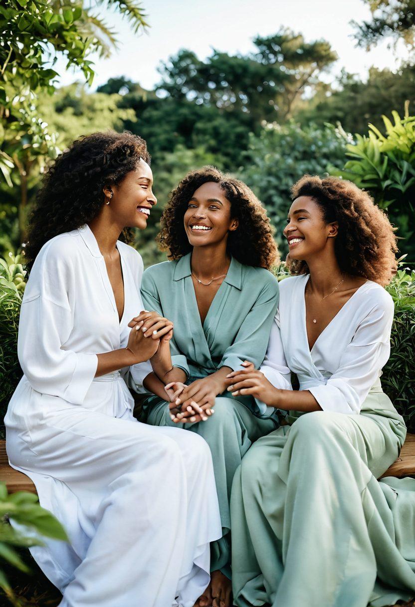 A serene outdoor setting featuring three diverse women, each engaged in candid conversations and laughter, surrounded by soft, flowing fabrics representing freedom. The background includes lush greenery and a clear sky, symbolizing openness and exploration. Subtle symbols of connection and love, like intertwined hands or heart shapes, can be integrated in the design. The overall vibe is positive, warm, and inviting. vibrant colors. super-realistic.