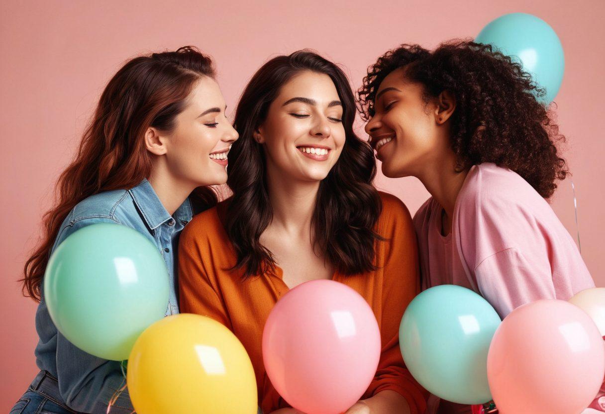 A vibrant and intimate scene depicting a diverse group of female couples joyfully engaging in a playful and loving atmosphere. The background features soft pastel colors, symbolizing the warmth of queer love, while elements like heart-shaped balloons and candles create an inviting ambiance. Capture a sense of connection and adventure, highlighting the themes of threesomes and open relationships. Include various expressions of affection and trust among the couples. super-realistic. vibrant colors. soft background.